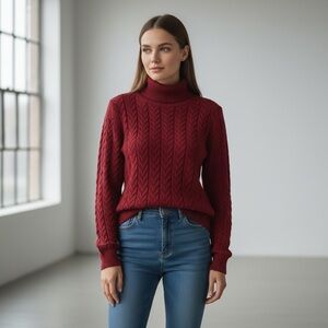 🌻J. Jill Red Cable Knit Silk Blend Turtle Neck Tunic Sweater Size Medium Petite